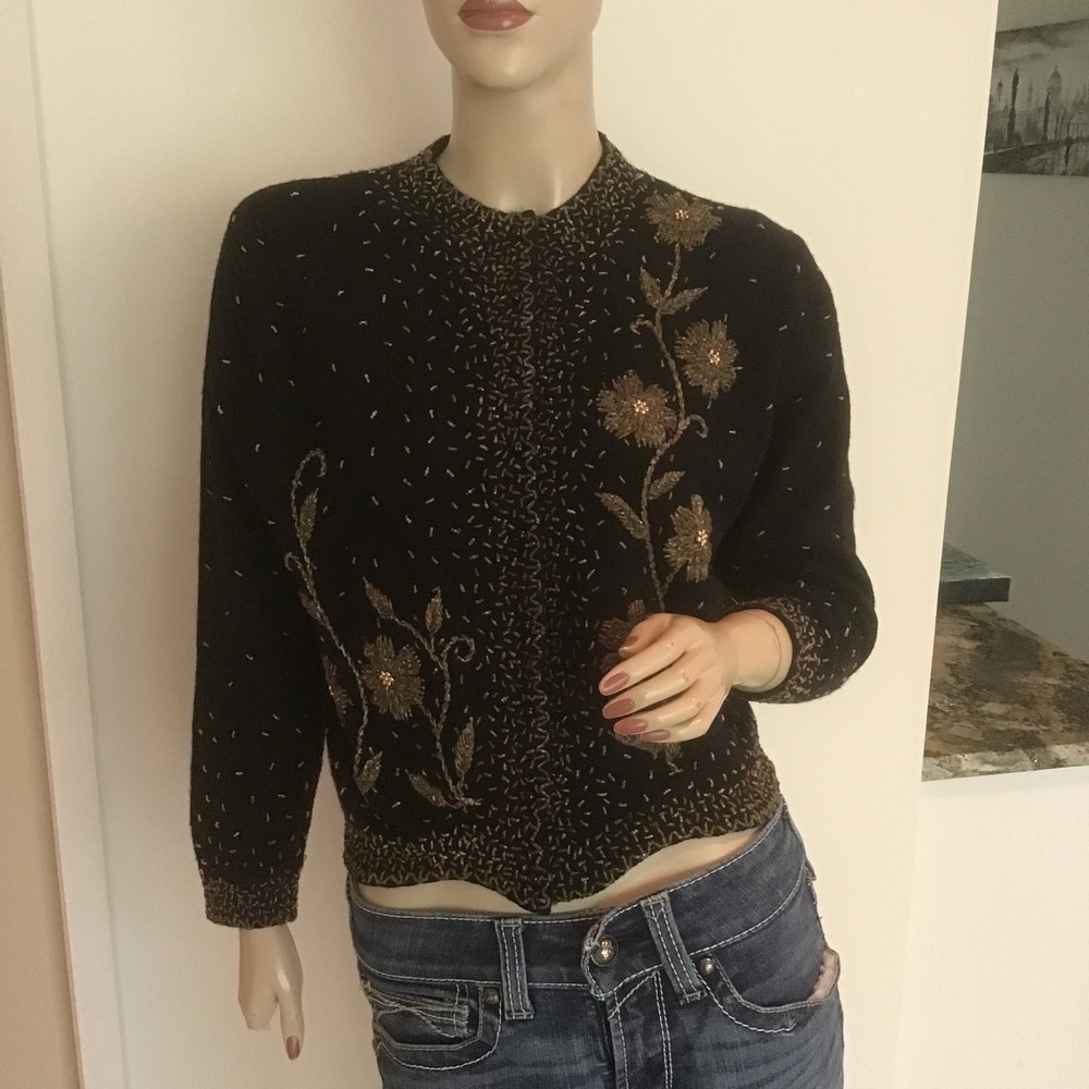 VTG Harrods London Beaded Cardigan Lambswool Angora Floral Black Sweater 50s S